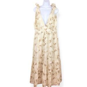 HOUSE OF HARLOW Linen Plunging Neckline Tiered Ruffle Sleeveless Midi Dress L